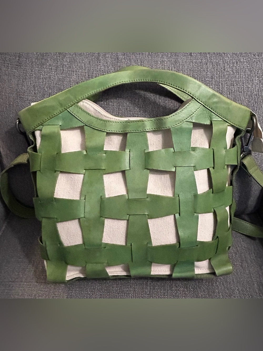 Green Woven Leather & Canvas Shoulder Bag with Crossbody Strap